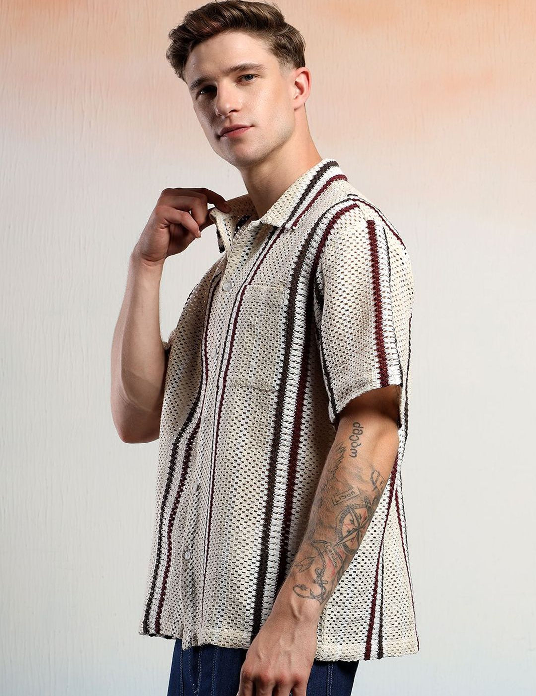 Kotty Vertical Stripes Cotton Spread Collar Short Sleeves Shirt