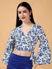 Kotty Floral Print Bell Sleeve Crepe Wrap Crop Top