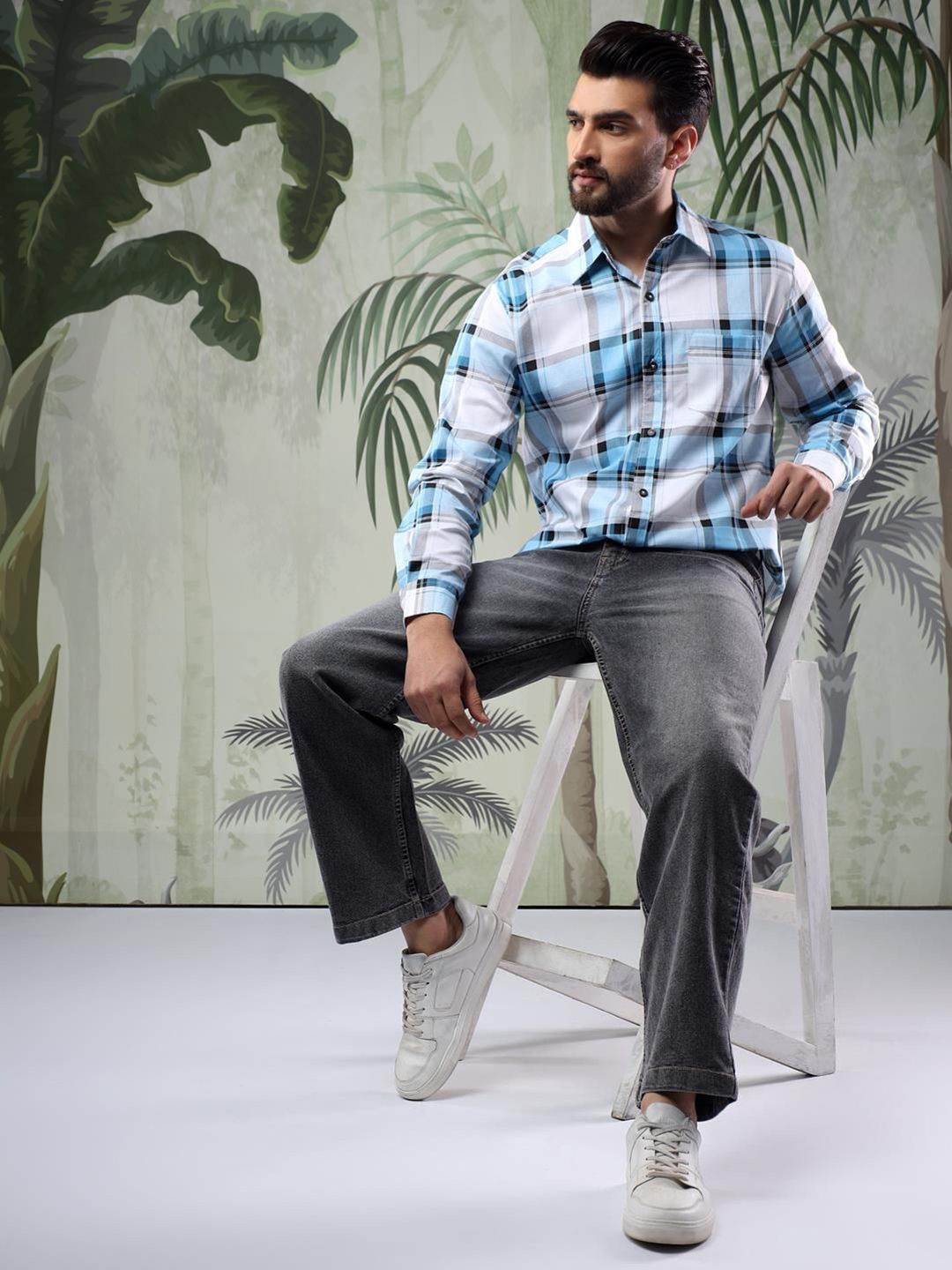 Kotty Men Spread Collar Tartan Checked Casual Shirt