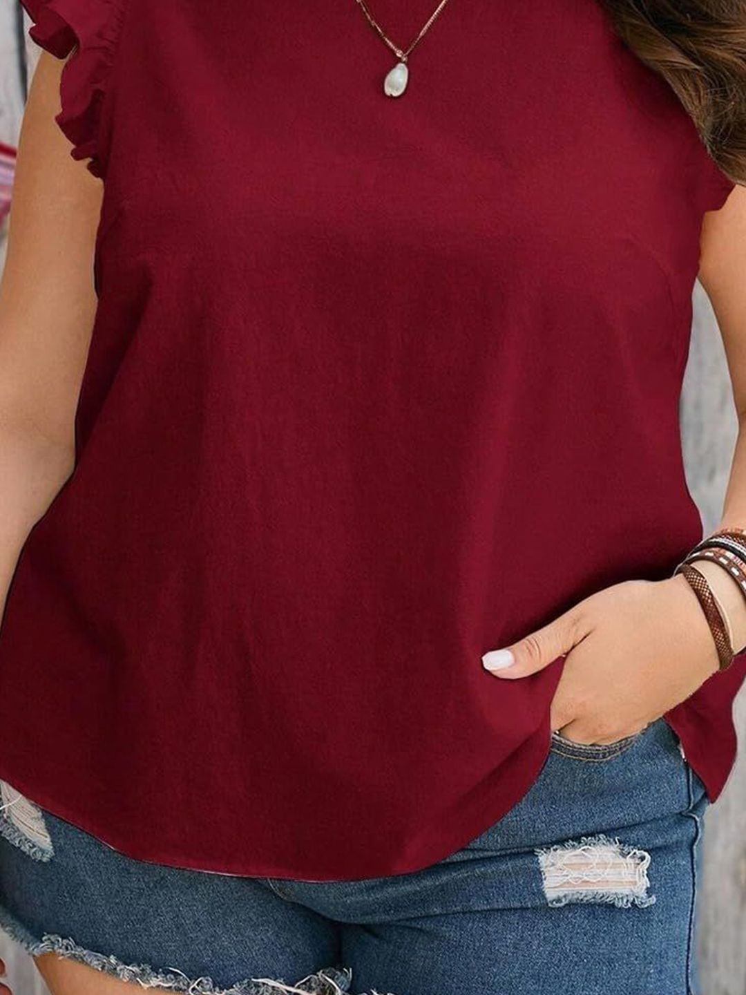 KOTTY Women Round Neck Flutter Sleeve Top