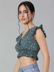 Kotty Floral Print Flutter Sleeve Crepe Crop Top