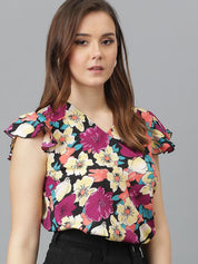 Kotty Women Floral Printed V-Neck Flutter Sleeve Top