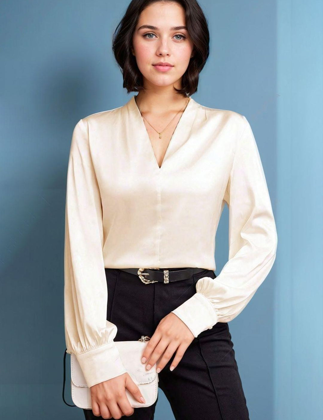 Kotty Women V-Neck Cuffed Sleeve Satin Top