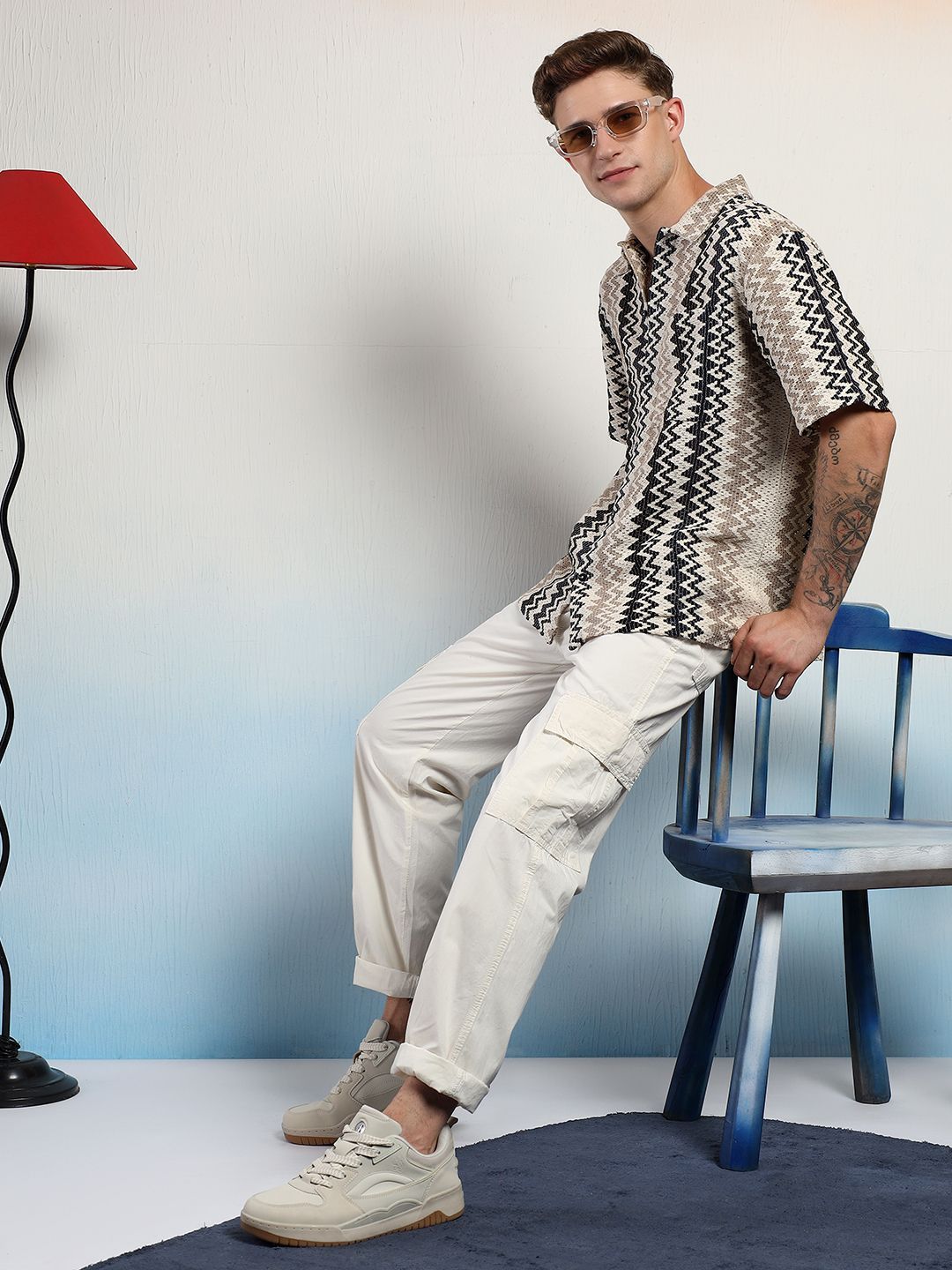 Kotty Men Sheer Striped Casual Shirt