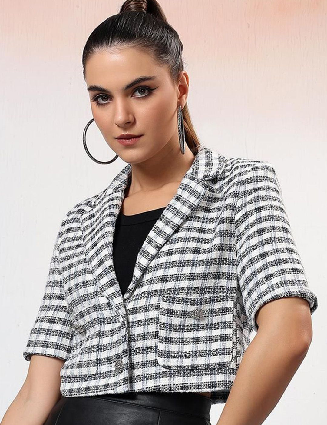 Kotty Checked Notched Lapel Single Breasted Crop Blazer
