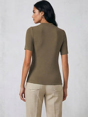 Kotty Top Caramel Brown Women's Mock-Collar Short-Sleeve Fashion