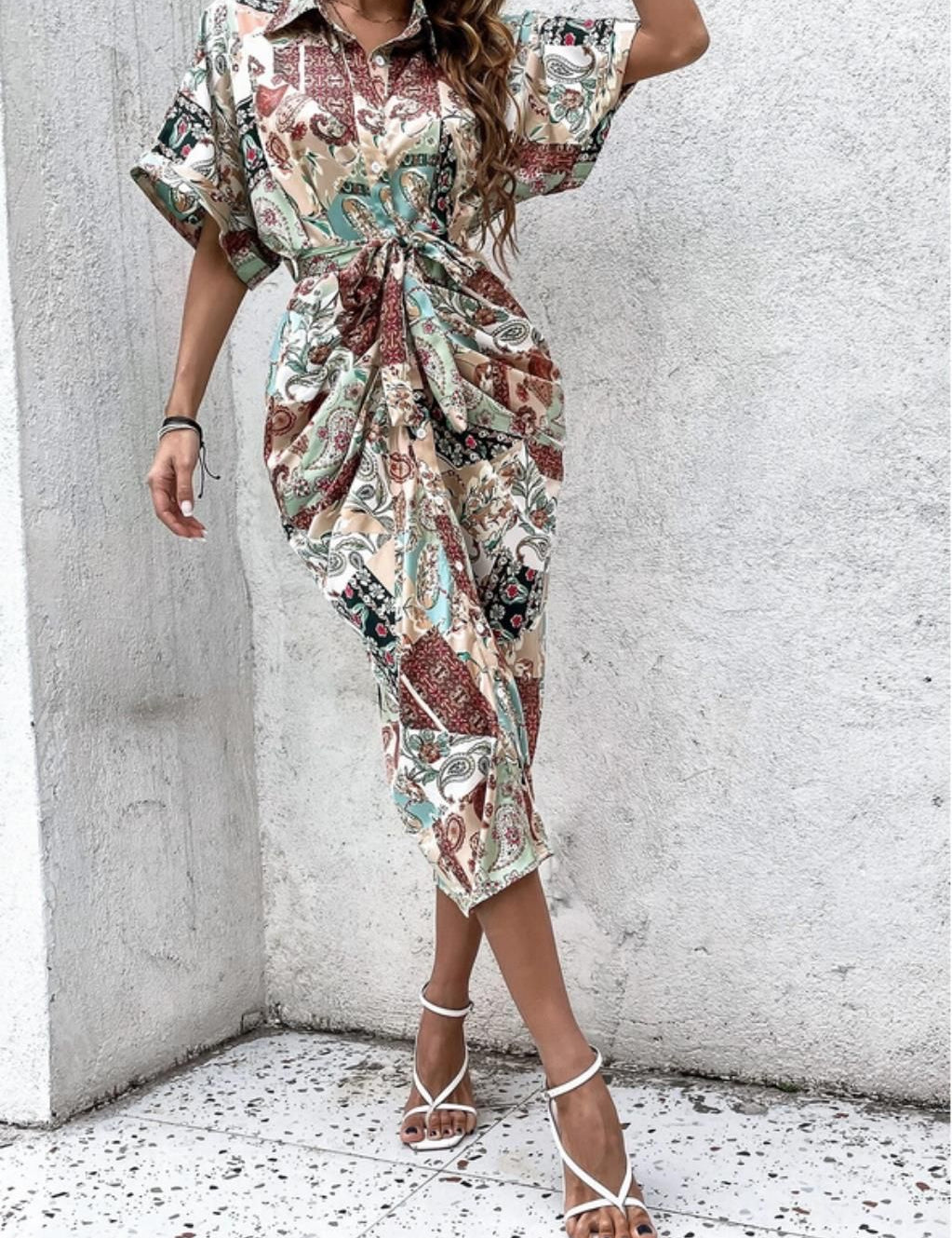 Kotty Floral Print Crepe Shirt Midi Dress