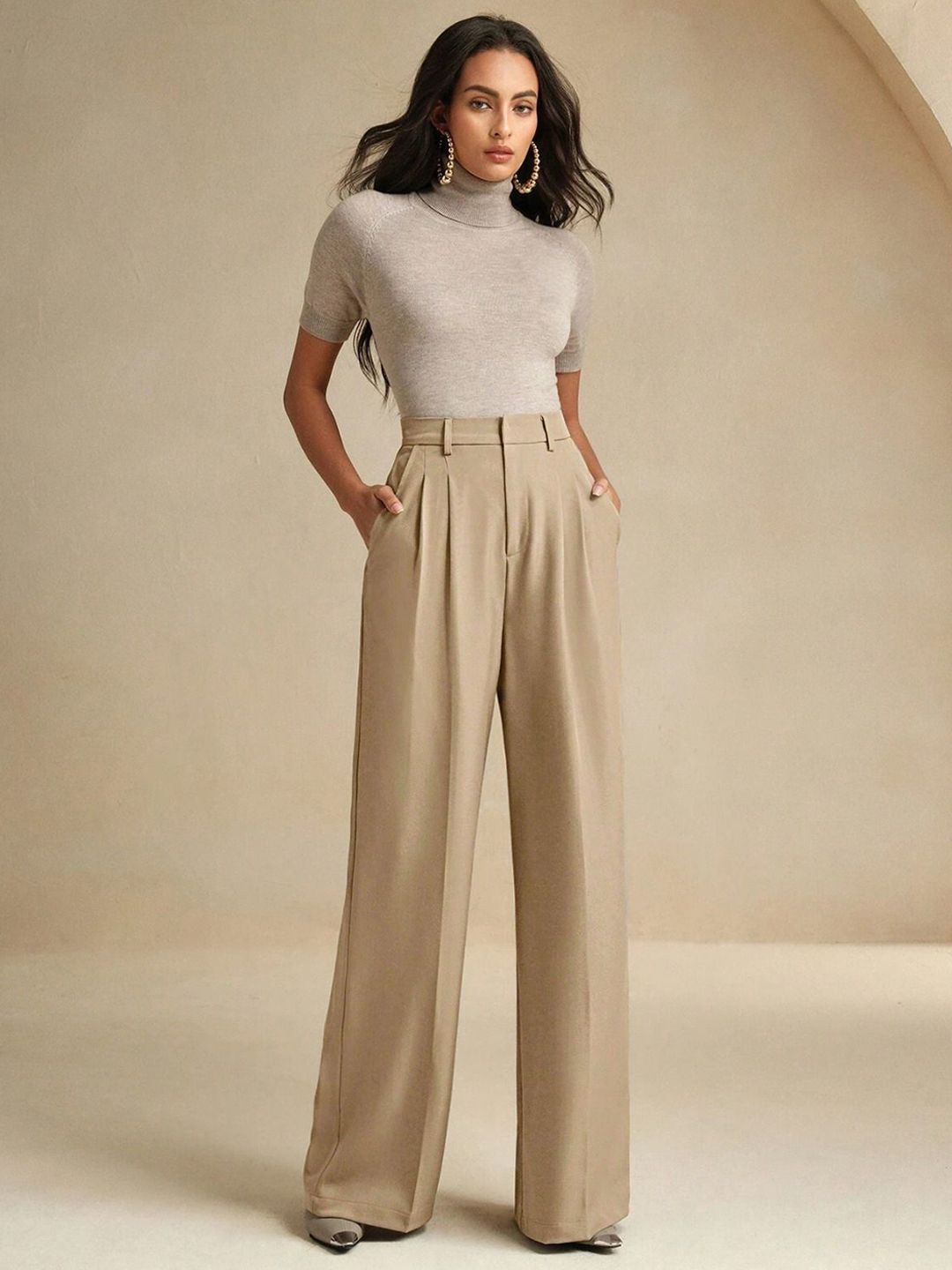 Kotty Women High-Rise  Wide-Leg Pleated Korean Pants Trousers