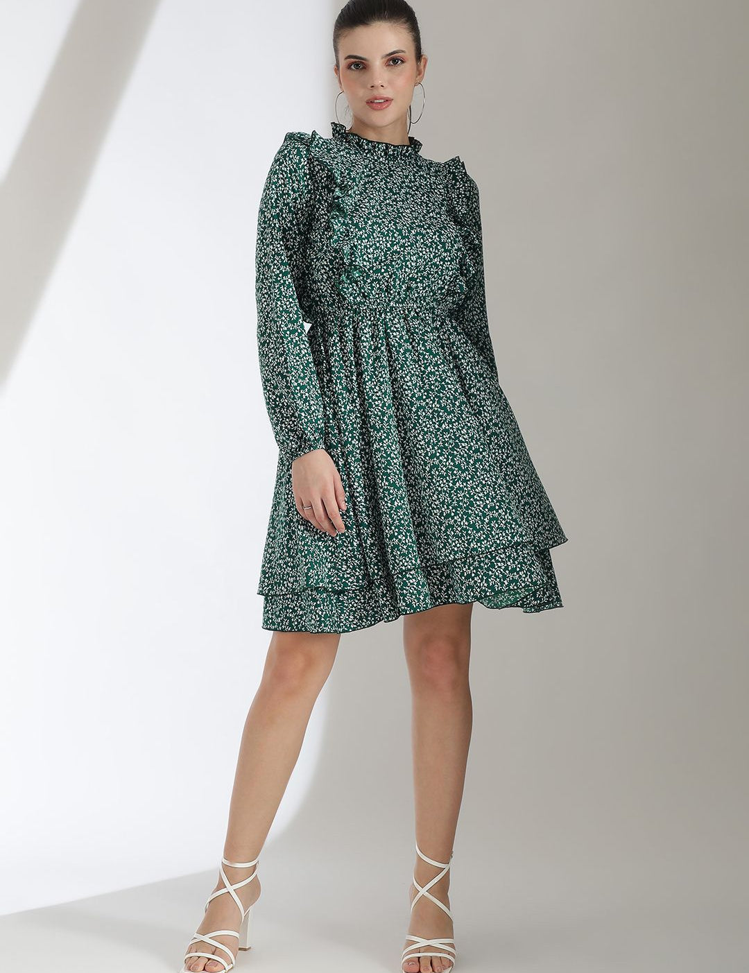 Kotty Floral Printed Bishop Sleeve Ruffled Fit & Flare Dress