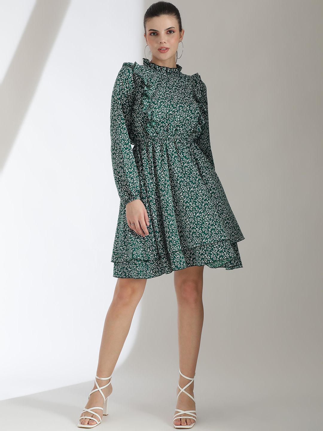 Kotty Floral Printed Bishop Sleeve Ruffled Fit & Flare Dress