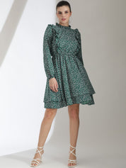 Kotty Floral Printed Bishop Sleeve Ruffled Fit & Flare Dress