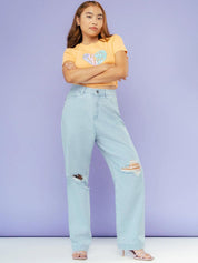 Kotty Women Jean Straight Fit High-Rise Slash Knee Stretchable Jeans