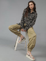 Kotty Women Spread Collar Abstract Printed Cotton Oversized Casual Shirt