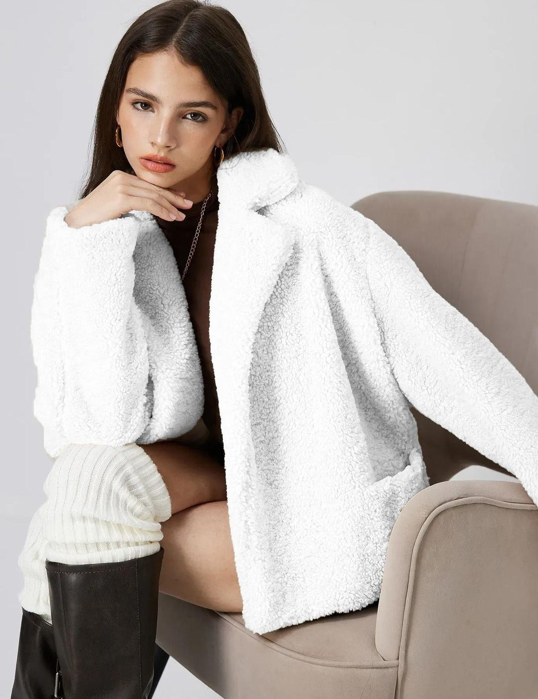 Kotty Women Lapel Collar Self Design Open Front Jacket