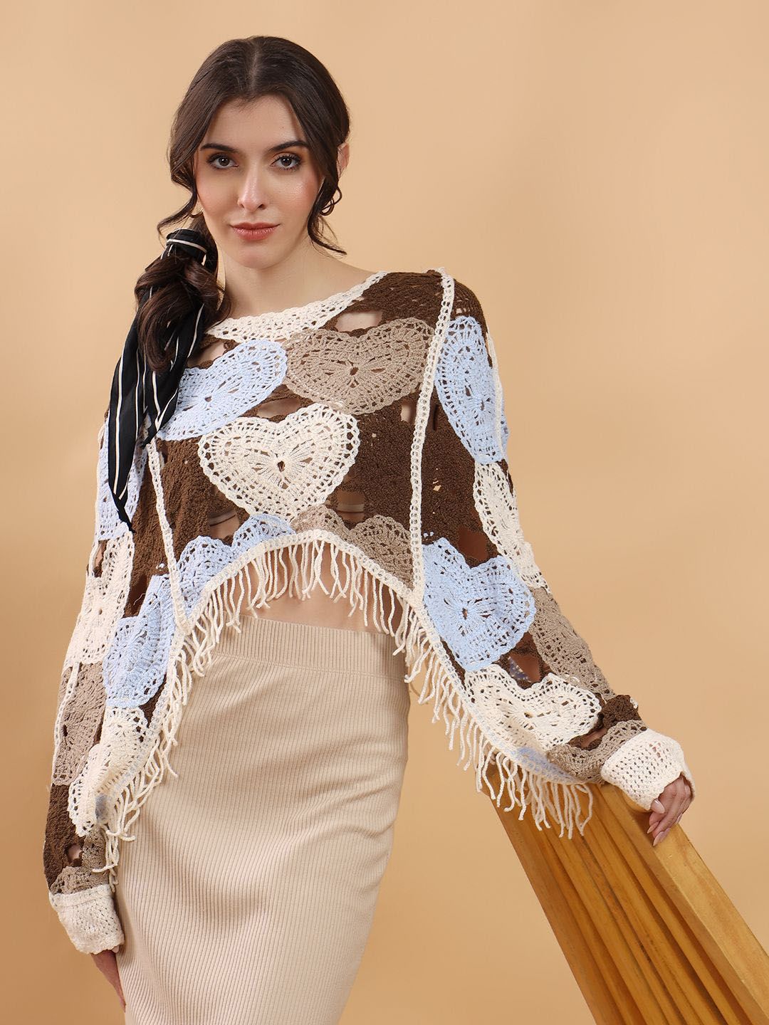 Kotty Women Embellished Print Cotton  Crochet Crop Top