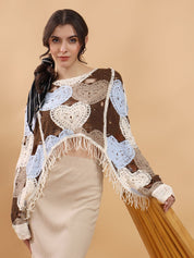 Kotty Women Embellished Print Cotton  Crochet Crop Top