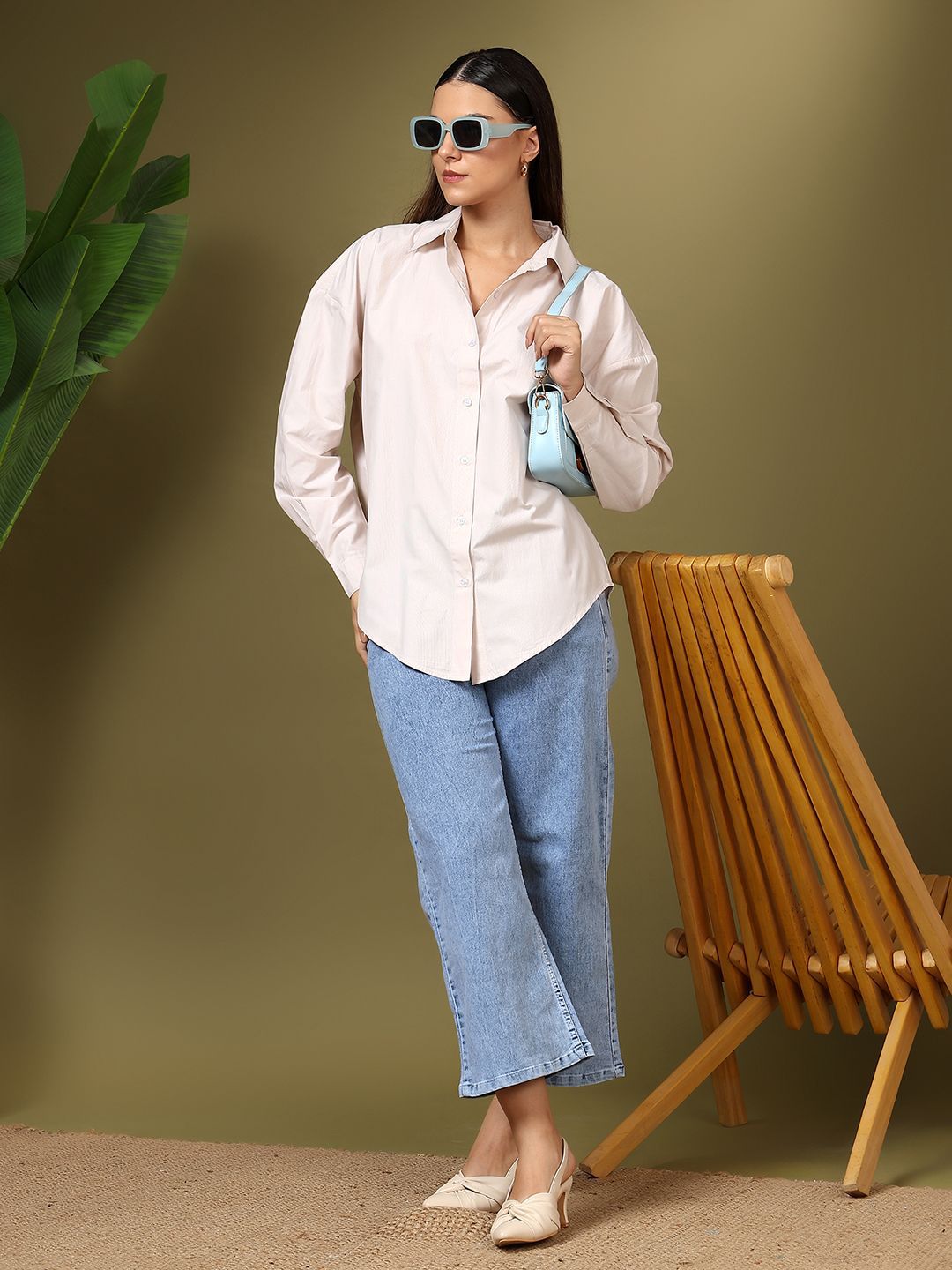 Kotty Women Relaxed Fit Spread Collar Solid Cotton Casual Shirt