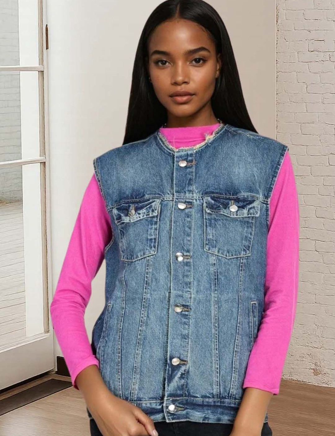 Kotty Women Collarless Solid Denim Jacket