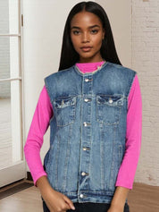 Kotty Women Collarless Solid Denim Jacket