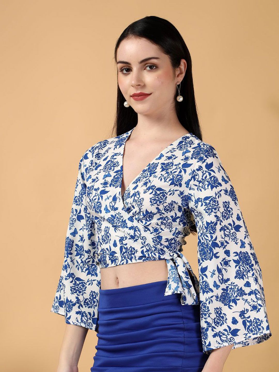 Kotty Floral Print Bell Sleeve Crepe Wrap Crop Top