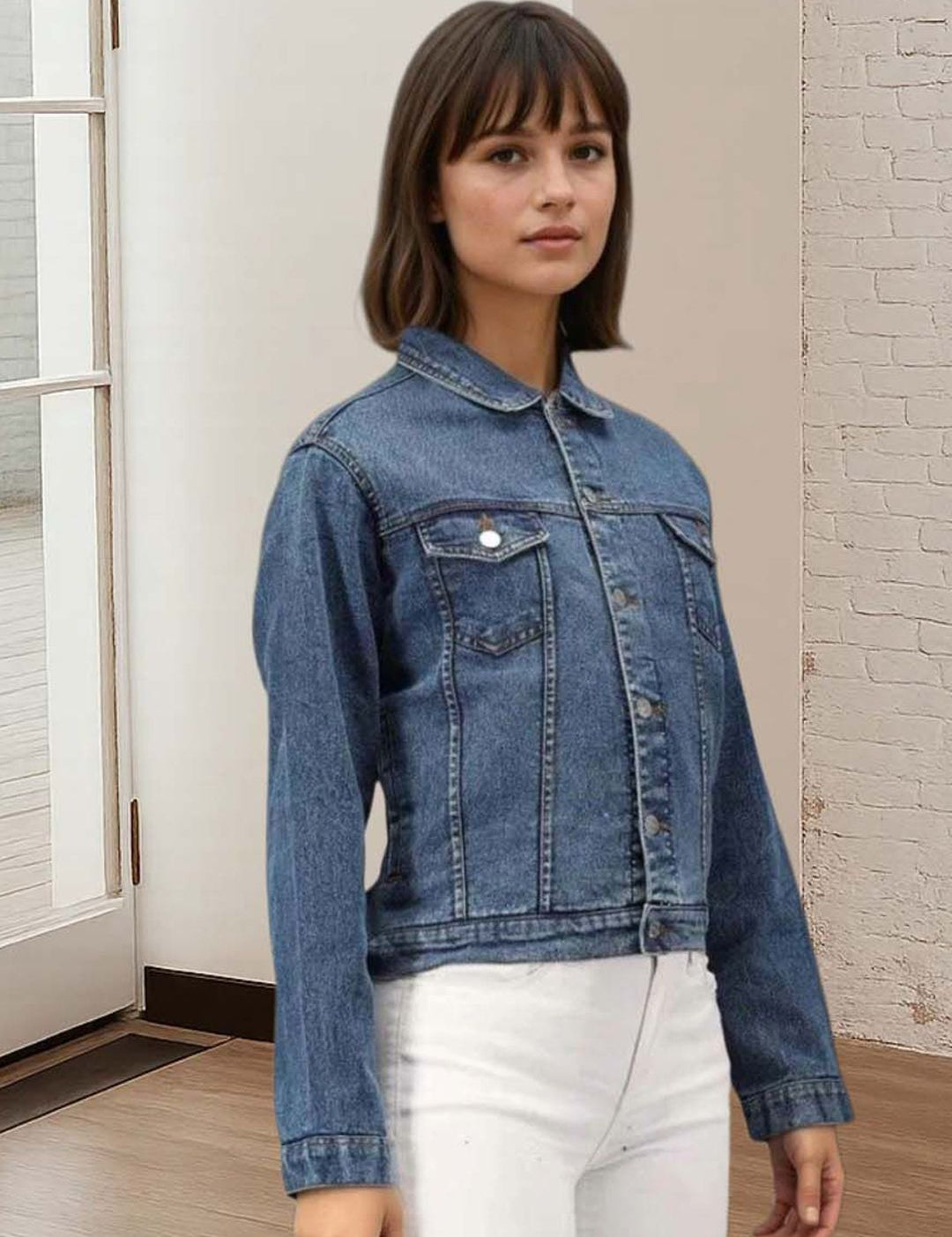 Kotty Women Spread Collar Solid Denim Jacket