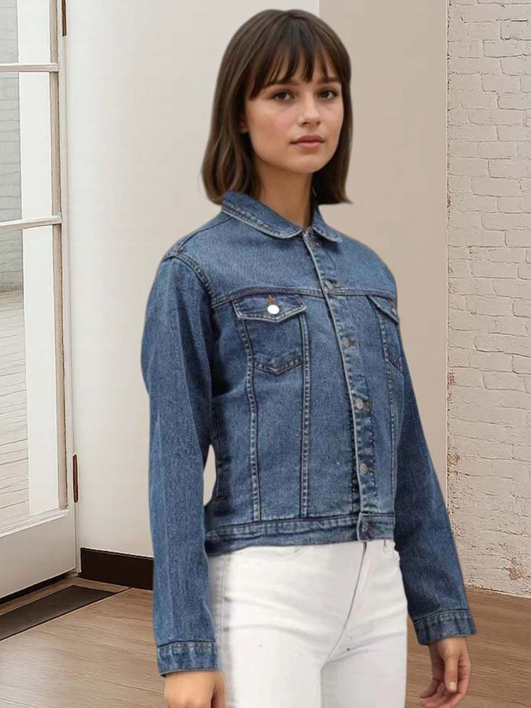 Kotty Women Spread Collar Solid Denim Jacket
