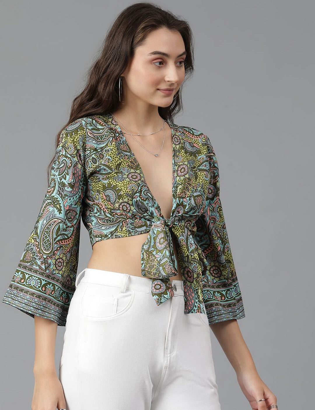 Kotty Print Flared Sleeve Crop Top