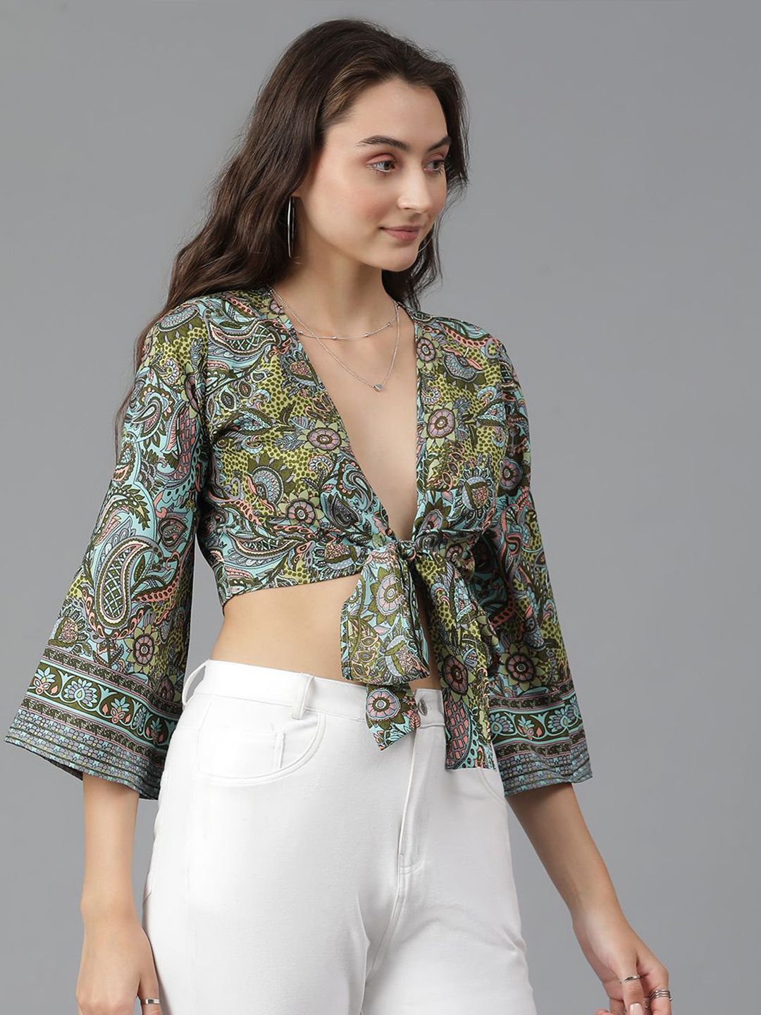 Kotty Print Flared Sleeve Crop Top