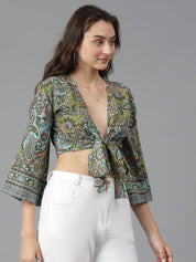 Kotty Print Flared Sleeve Crop Top