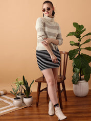 Kotty Women Cotton Striped Turtle Neck Long Sleeves Pullover Sweater