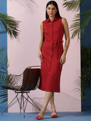 Kotty Women Solid Shirt Collar Sleeveless A-Line Dress