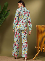 Kotty Green and Pink Printed Notched Lapel Collar Blazer With Trousers