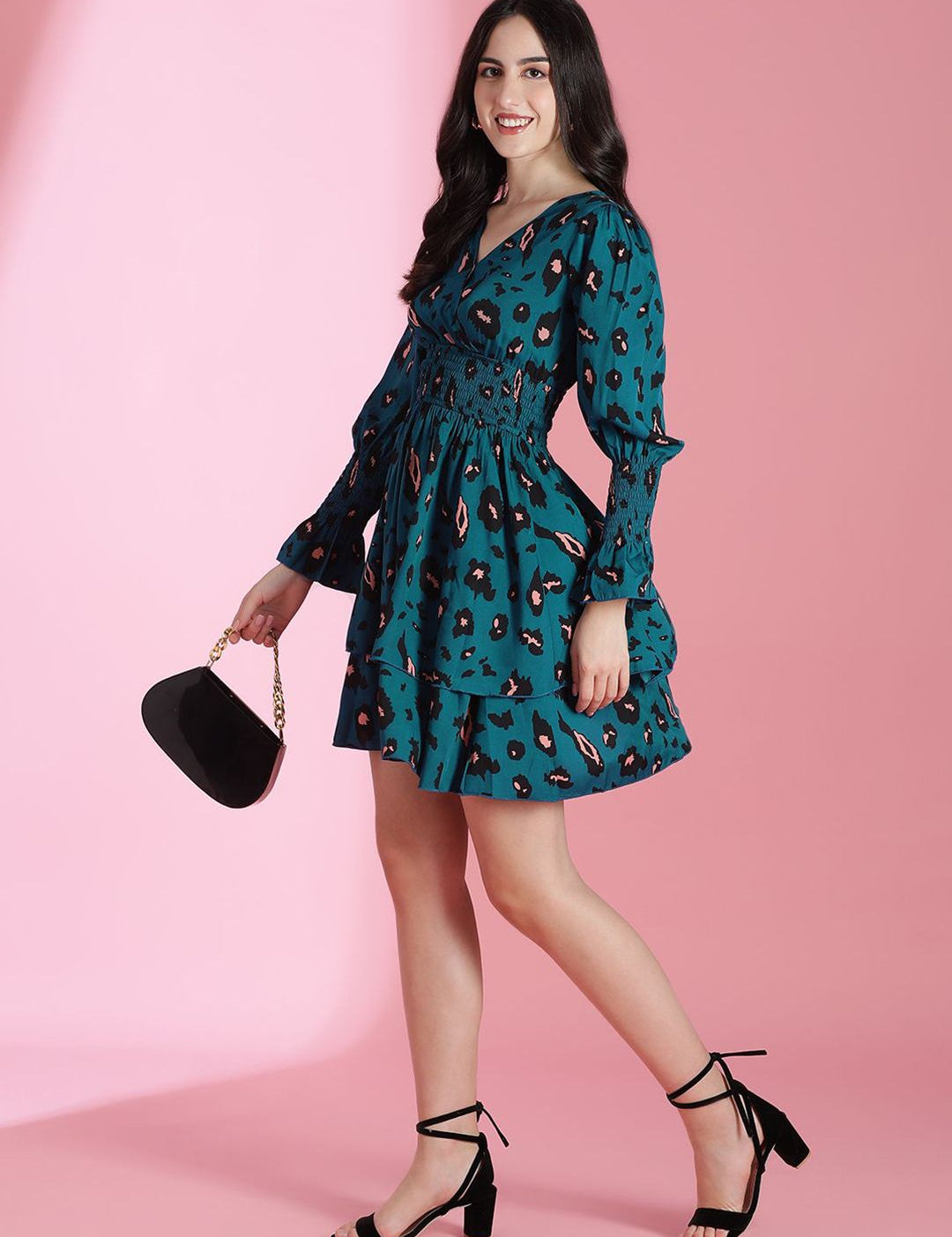 Kotty Women Printed Puff Sleeves Fit & Flare Dress