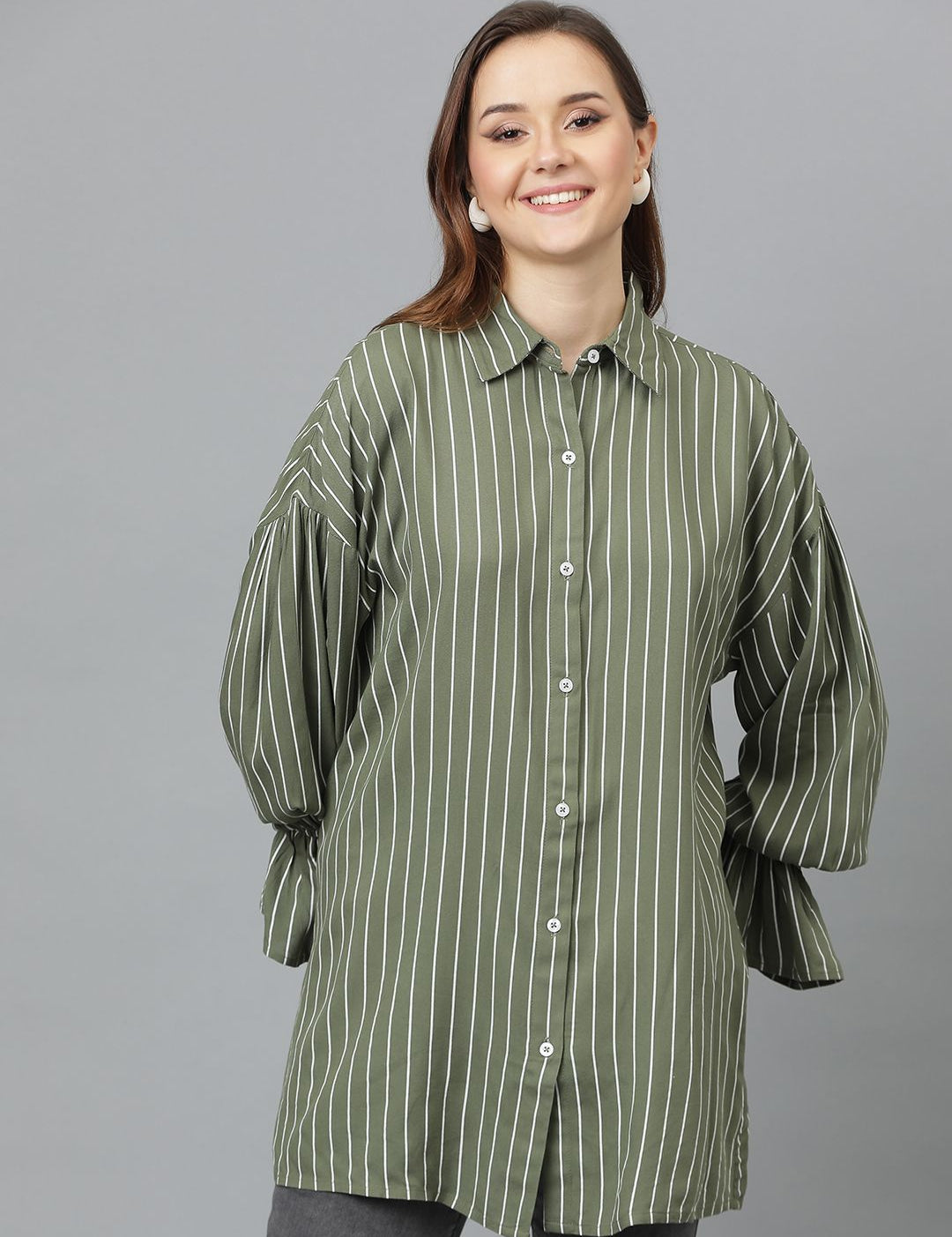 Kotty Women Comfort Spread Collar Vertical Striped Cotton Oversized Casual Shirt