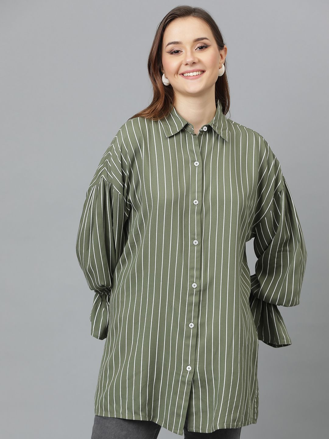 Kotty Women Comfort Spread Collar Vertical Striped Cotton Oversized Casual Shirt