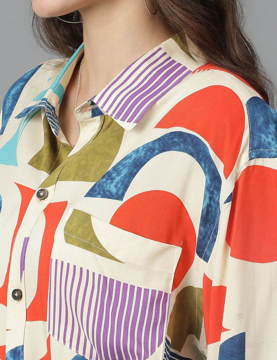 Kotty Women Spread Collar Abstract Printed Cotton Oversized Casual Shirt