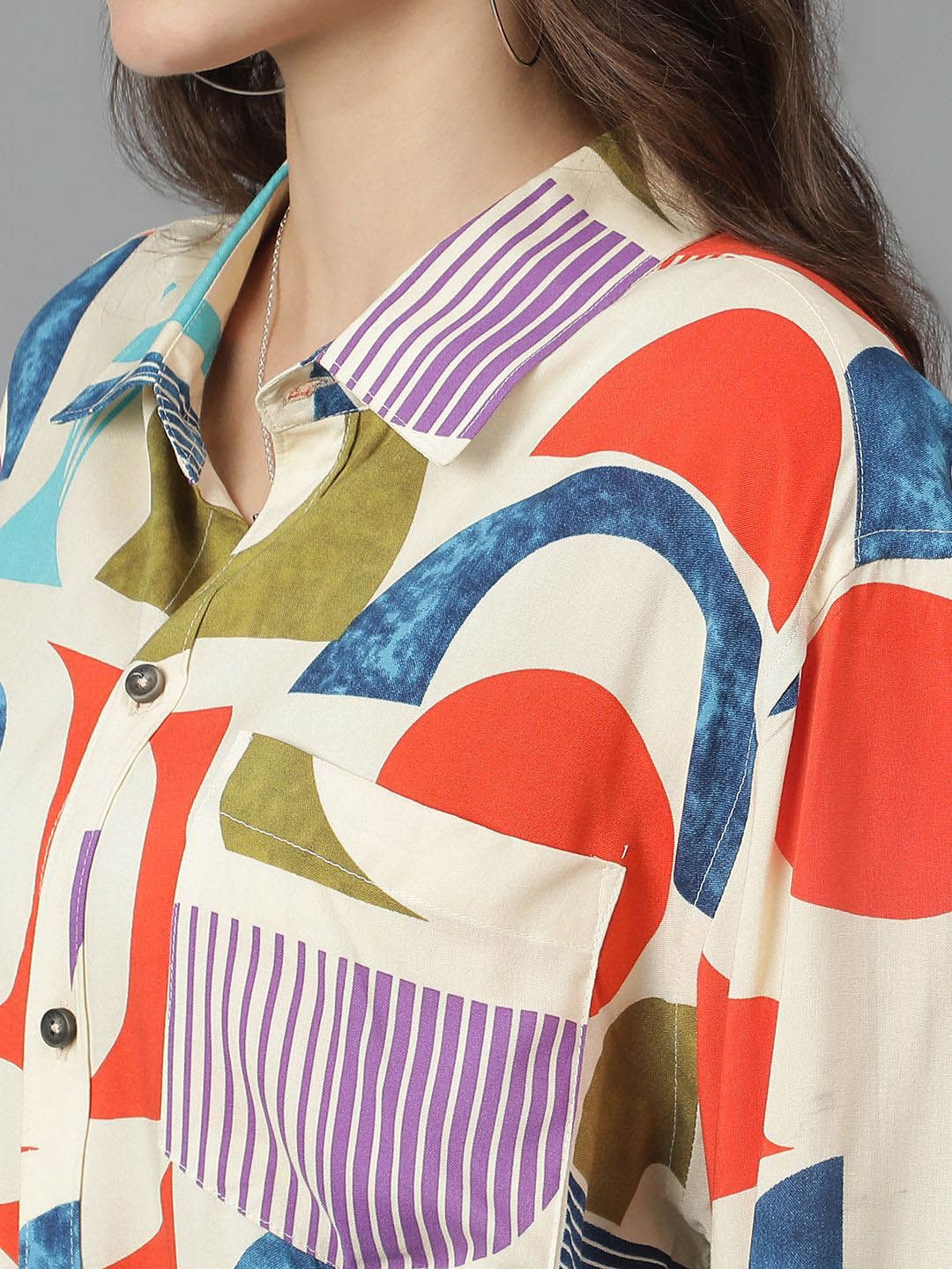 Kotty Women Spread Collar Abstract Printed Cotton Oversized Casual Shirt