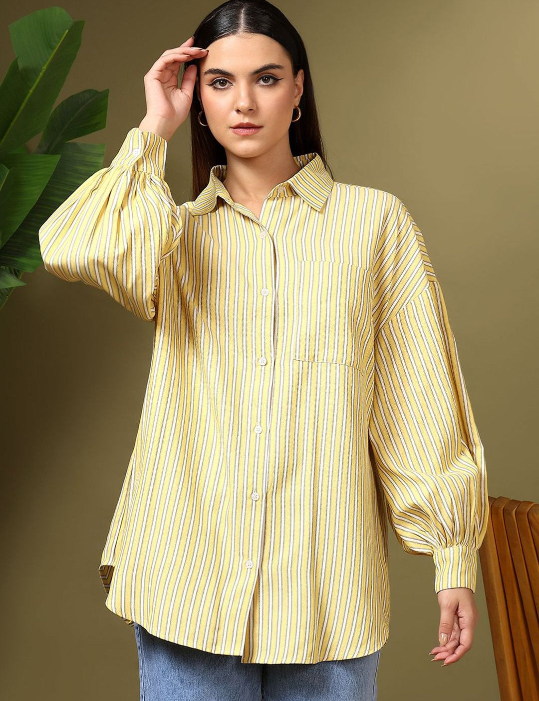 Kotty Women Spread Collar Vertical Striped Cotton Casual Shirt