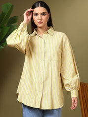 Kotty Women Spread Collar Vertical Striped Cotton Casual Shirt