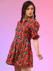 Kotty Women Printed Puffed Sleeves Fit & Flare Mini Dress