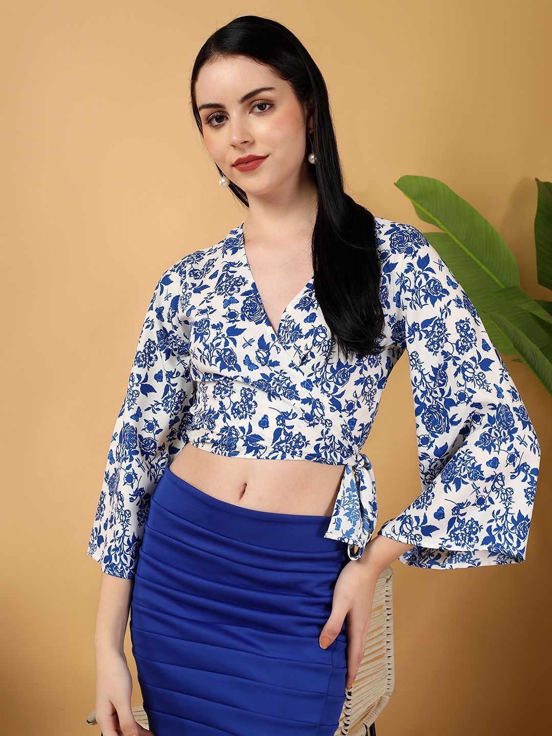 Kotty Floral Print Bell Sleeve Crepe Wrap Crop Top