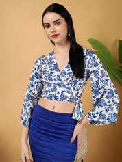 Kotty Floral Print Bell Sleeve Crepe Wrap Crop Top