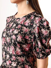 Kotty Floral Print Puff Sleeve Peplum Top