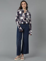 Kotty Women Spread Collar Abstract Printed Cotton Oversized Casual Shirt