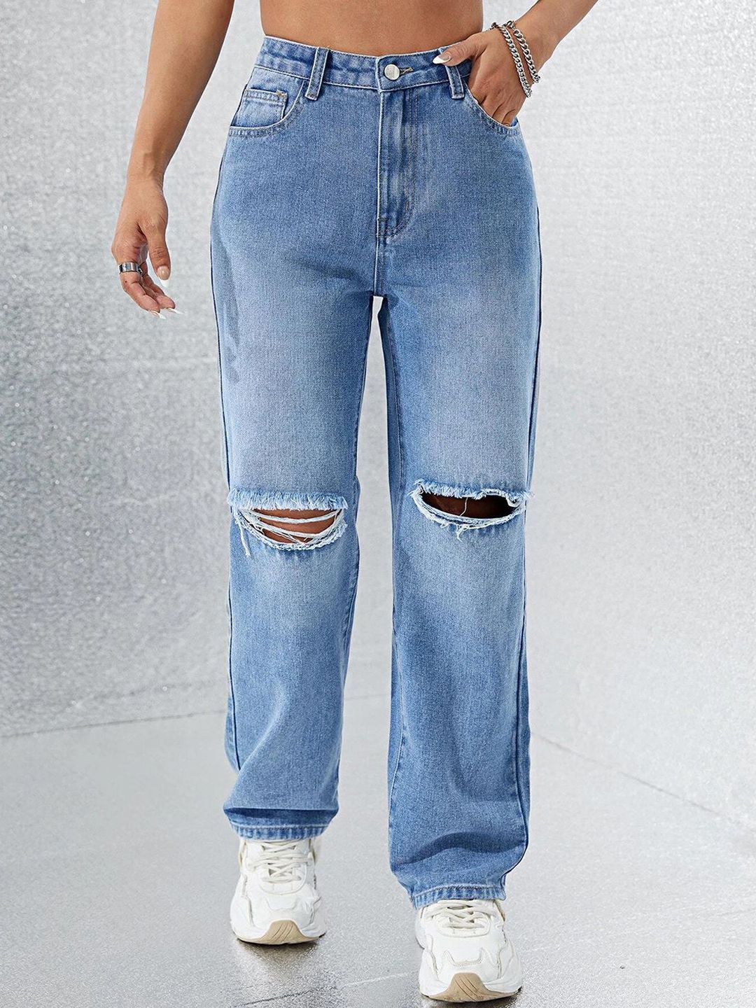 Kotty Women Cotton Straight Fit High-Rise Slash Knee Stretchable Casual Jeans