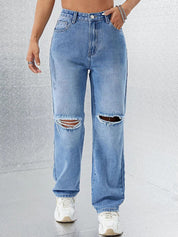 Kotty Women Cotton Straight Fit High-Rise Slash Knee Stretchable Casual Jeans