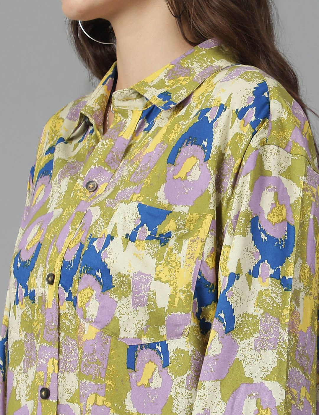 Kotty Women Spread Collar Abstract Printed Cotton Oversized Casual Shirt