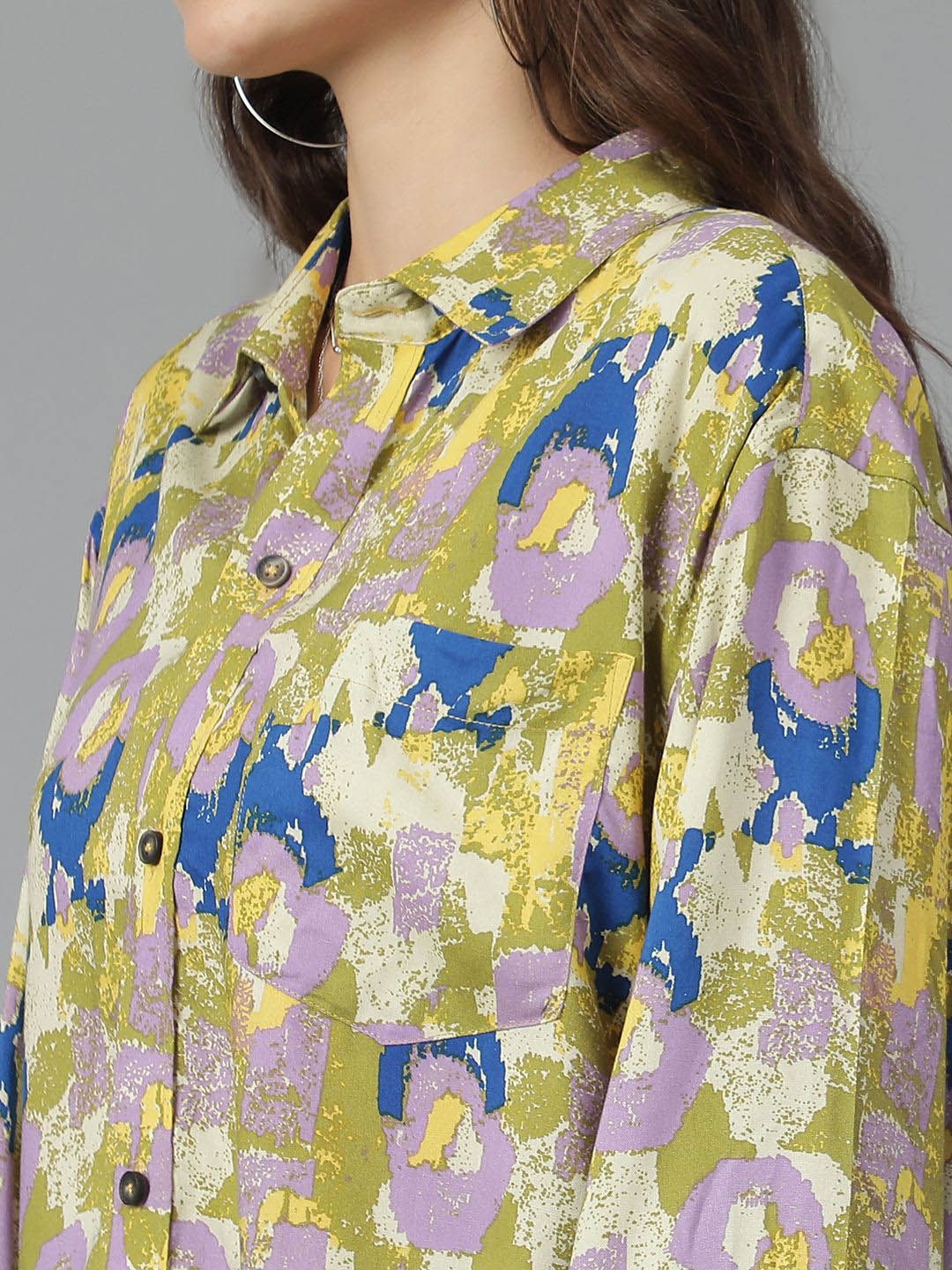 Kotty Women Spread Collar Abstract Printed Cotton Oversized Casual Shirt