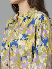 Kotty Women Spread Collar Abstract Printed Cotton Oversized Casual Shirt