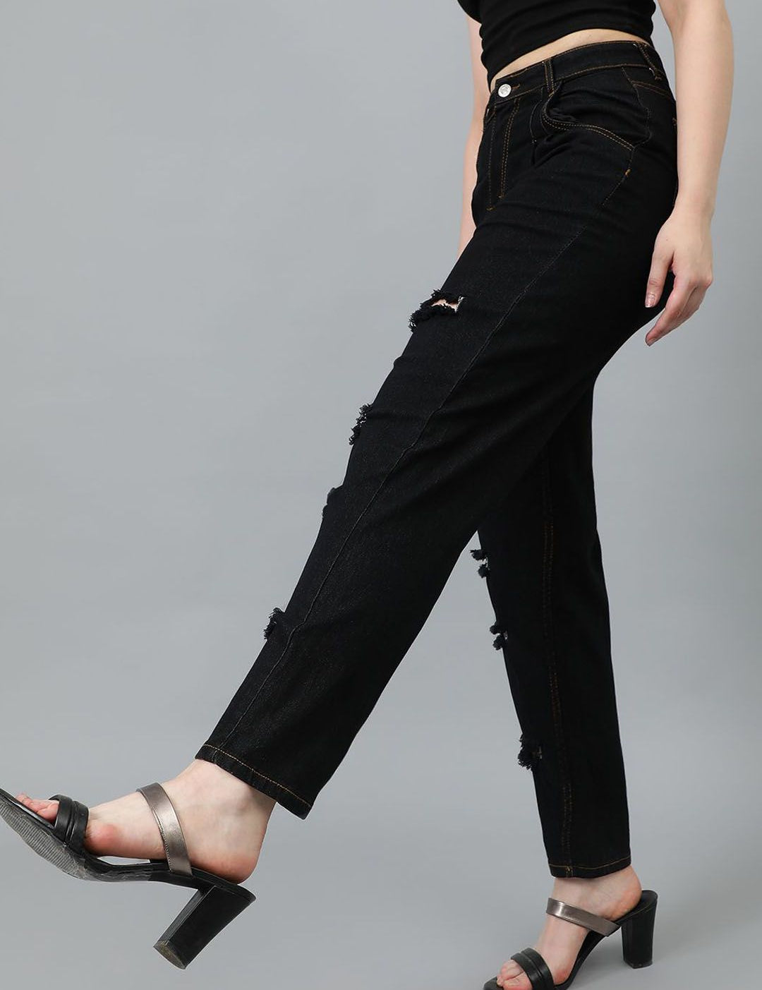 Kotty Women Straight Fit High-Rise Highly Distressed Cotton Stretchable Jeans